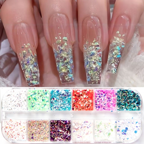 1box Holographic Aurora Summer Mermaid Nail Glitter Powder Flakes 3D Shiny Iridescent Hexagon Sequins Nail Art Decor DIY