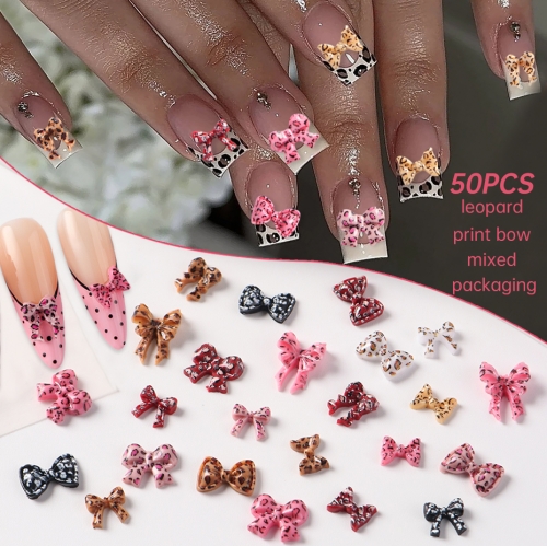 1bag Minimalist Spotted Bow Heart Resin Nail Art Decorations Colorful Leopard Print Tie Autumn Winter Nail Charms DIY