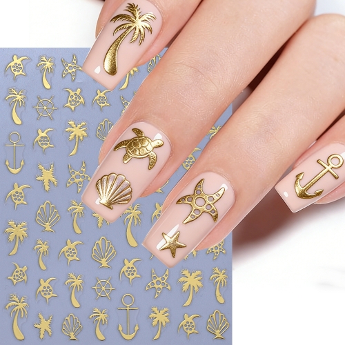1pc Bronzing Marine Life Nail Decals Ocean Beach Turtle Coconut Tree Shell Starfish Design Stickers Gold Summer Manicure Foils
