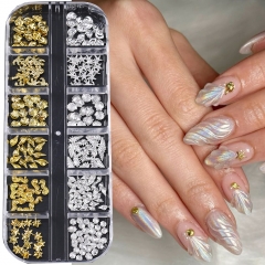 1box 3D Gold Ocean Rivet Nail Charms Mixed Seahorsea/Starfish /Conch Pearl/Mini Caviar Beads/Rhinestone Nail Jewlery Decoration