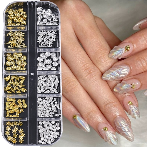 1box 3D Gold Ocean Rivet Nail Charms Mixed Seahorsea/Starfish /Conch Pearl/Mini Caviar Beads/Rhinestone Nail Jewlery Decoration