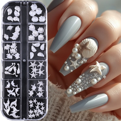 1box Summer Ocean Nail Art Charm 3D Mixed Starfish Shell Conch Coconut Tree Pearl Nail Rhinestone Parts DIY Manicure Decor