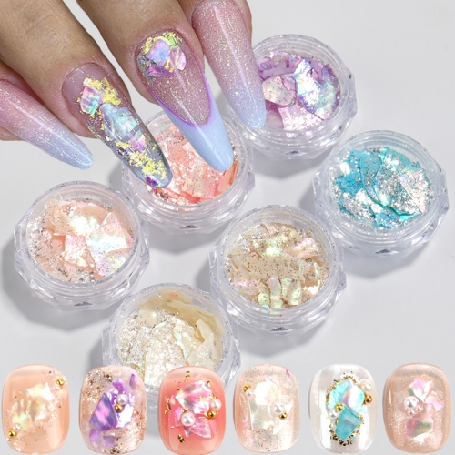 6colors/set Irregular Natural Abalone Shell Nail Art Flakes 3D Shiny Aurora Seashell Slices Nail Charms Sequins Nail Decoration