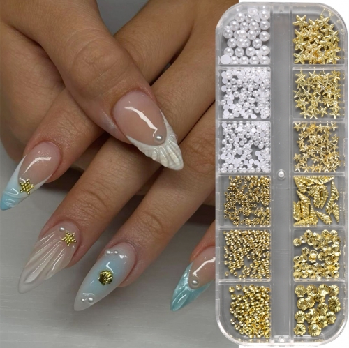 1box Ocean Gold Nail Art Charms Shell/Seahorse/Starfish White Half Round Pearl Gems 3D Mixed Punk Manicure Metal Rivets 