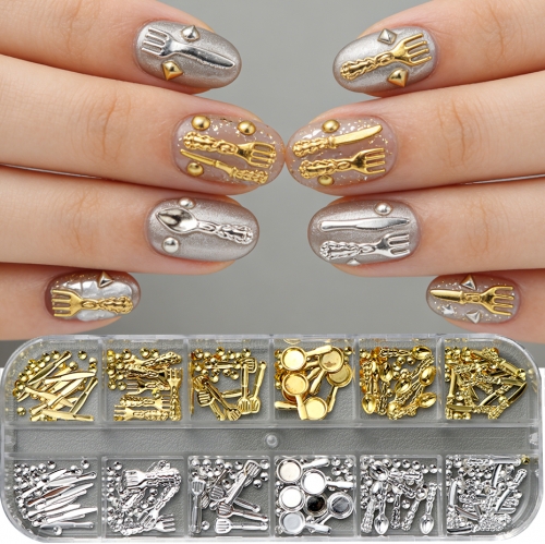 1box Mix Metal Small Fork Spoon Nail Charms Gold Silver Nail Accessories Tableware Series Fork Nail Accessories Parts