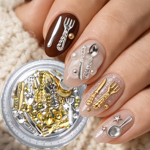 1jar Mix Metal Small Fork Spoon Nail Charms Gold Silver Nail Accessories Tableware Series Fork Nail Accessories Parts