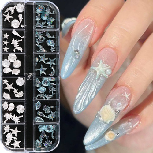 1box Blue White Sea-Themed Studs Nail Art Charms Summer 3D Nail Art Decorations Ocean Collection Beach-Themed Decoration