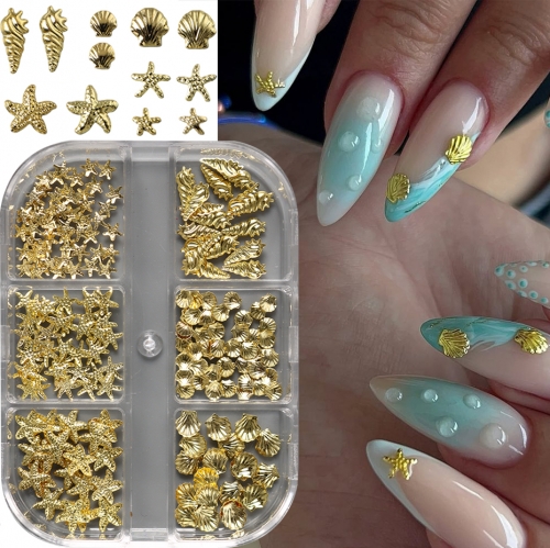 1box Golden Sea-Themed Studs Nail Art Charms Featuring Starfish Ocean Shell conches Mixed Designs Nail Rivets for Women DIY