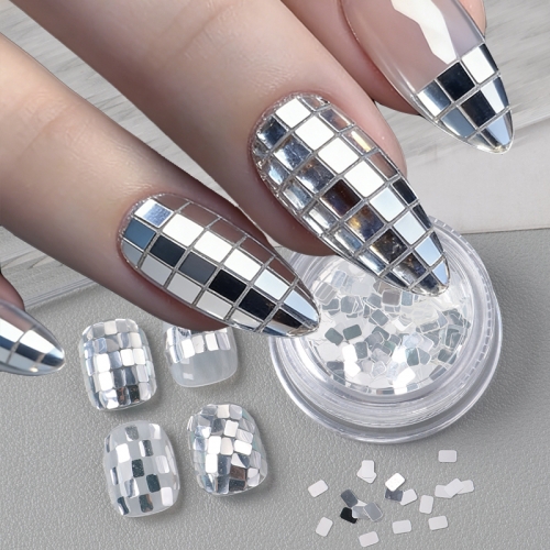1jar Shiny Silvery Square Shaped Flat Bottom Nail Sequins Fashionable Reflective Mirror Effect DIY Sparkling Nail Glitter Decor