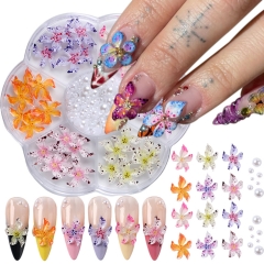1box Ice-Clear Blooming Flowers Nail Charms Resin Orchids Camellias With Pearl Pressing On Nails Accessories Wedding Nail Decor