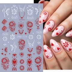 1pc Bohemian Style Nail Stickers Red White Flower Petals Love Line Self-Adhesive Nail Decals DIY Manicure Sliders Decoration