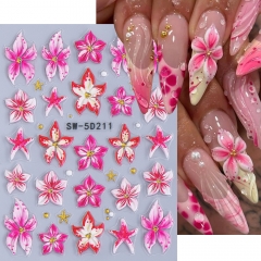 1pc 5D Embossed Flowers Nail Art Stickers Lily Hibiscus with French Leopard Print Design of Spring & Summer Nail Decoration