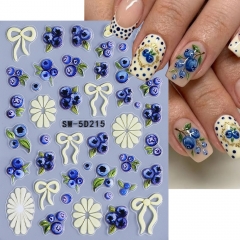 1pc 5D Blueberry Fruit Embossed Nail Sticker Ribbon Bow Lemon Textured DIY Decals Summer Style Engraved Sliders Manicure Tips