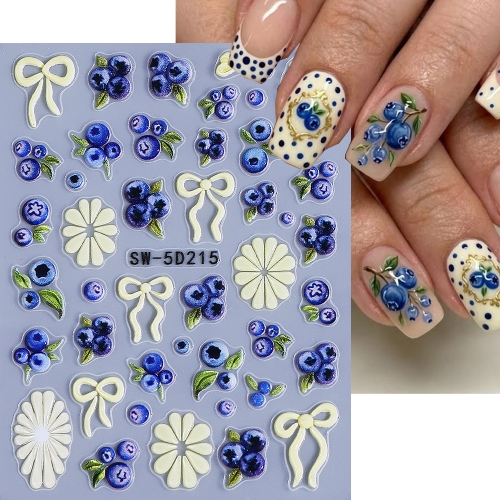 1pc 5D Blueberry Fruit Embossed Nail Sticker Ribbon Bow Lemon Textured DIY Decals Summer Style Engraved Sliders Manicure Tips