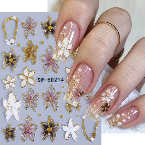 1pc Lily Embossed Nail Sticker Colorful Petals Gold Line Frame Bronzing Design Slider Decal DIY Manicure Decoration Accessories