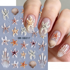 1pc Summer Ocean Animals Nail Art Stickers 5D Embossed Starfish Seashell Jellyfish Nail Decals DIY Manicure Decoration