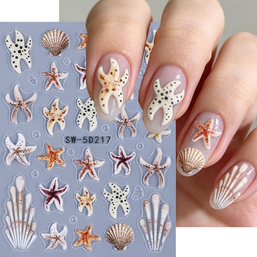 1pc Summer Ocean Animals Nail Art Stickers 5D Embossed Starfish Seashell Jellyfish Nail Decals DIY Manicure Decoration