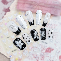 1pc Embossed Polka Dot Bow Nail Stickers Black and White Polka Dot Hibiscus Flower Nail Decals Elegant Nail Art Accessories