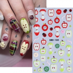 1pc Cute Apple Nail Stickers Spring Summer Cartoon Fruit Design Beetle Star Self-adhesive Nail Decals Slider DIY Manicure Decor