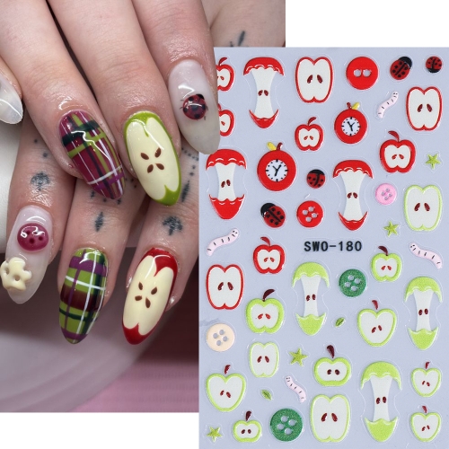 1pc Cute Apple Nail Stickers Spring Summer Cartoon Fruit Design Beetle Star Self-adhesive Nail Decals Slider DIY Manicure Decor
