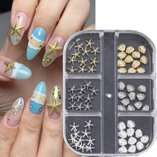 1box Golden and Silver Sea Themed Studs Nail Art Charms 3D Ocean Shell Alloy Nail Rivets Starfish/Conches DIY Nails Decorations