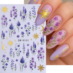 1pc Romantic Purple Lavender Nail Stickers Bronzing Sun Moon Star Butterfly Leaf Sliders Elegant Floral Summer Manicure Decals