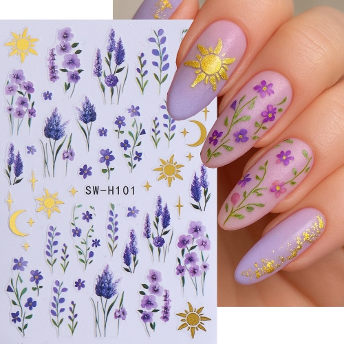 1pc Romantic Purple Lavender Nail Stickers Bronzing Sun Moon Star Butterfly Leaf Sliders Elegant Floral Summer Manicure Decals