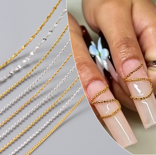 9pcs/set Gold Silver Metal Nail Chains Elegant Bead Chain Designs 3D Luxury Jewelry Nail Art Decorations DIY Manicure Accessory