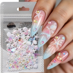 1bag Mixed Mermaid Tail Starfish Shell Nail Art Charms 3D Iridescent Ocean Biology Cartoon Nail Accessories DIY Summer Manicure