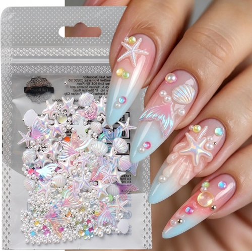 1bag Mixed Mermaid Tail Starfish Shell Nail Art Charms 3D Iridescent Ocean Biology Cartoon Nail Accessories DIY Summer Manicure