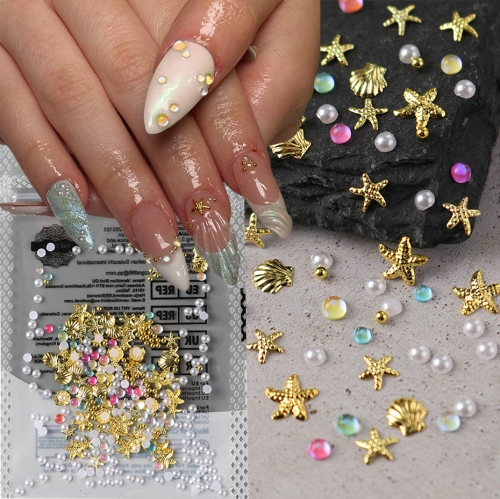 1bag Mixed Mermaid Beads Starfish Shell Nail Art Charms White Pearls Nails Golden Bead Summer Holiday DIY Nail Art Decoration