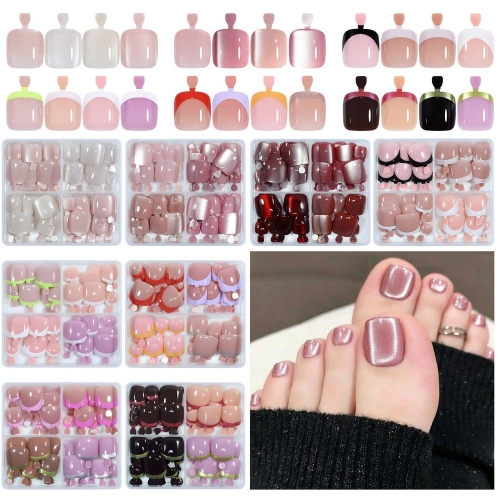 96Pcs/boxs Press On Toenails Cat Eye French Glitter False Toe Nail Tips Full Cover Foot Nails For Salon Home DIY Art