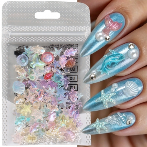 30pcs/bag or 50pcs/bag Aurora Shell Starfish Conch Ocean Series Nail Charm Shiny Jellyfish Goldfish Mermaid Summer Rhinestone Manicure Decoration