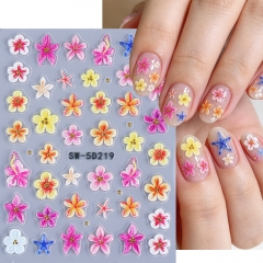 1pc 5D Summer Flowers Nail Embossed Stickers Pink Frangipani Hibiscus Five Petal Floral Starfish Decal DIY Tropical Manicure Sliders