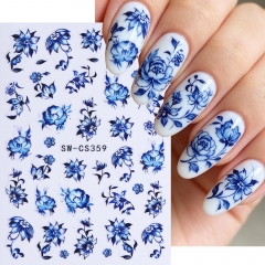 1pc Blue and White Porcelain Design Nail Stickers Elegant Classical Chinese Style Decals Peony Rose Vine Leaf Manicure Sliders