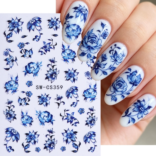 1pc Blue and White Porcelain Design Nail Stickers Elegant Classical Chinese Style Decals Peony Rose Vine Leaf Manicure Sliders
