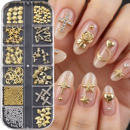 1box  Ocean Gold Nail Art Charms Shell/Seahorse/Starfish White Half Round Pearl Gems 3D Mixed Punk Manicure Metal Rivets