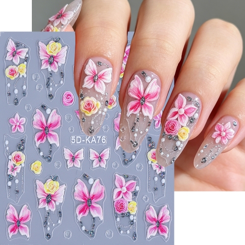 1pc 5D Embossed Iridescent Butterfly Nail Stickers Stereoscopic Floral Lace Nail Decals Aurora Summer Wedding Manicure Decor