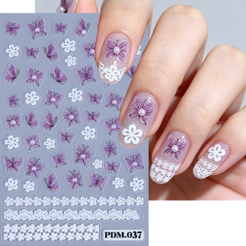 1pc Gradient Purple Green Blue White Floral Embossed Nail Art Stickers 3D Textured Flower Petal Nail Decals Nail DIY 