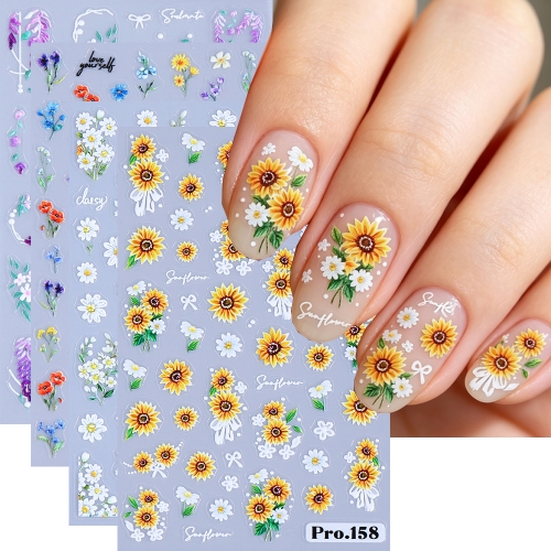 1pc Sunflower White Bow Daisy 3D Embossed Nail Stickers Floral Summer Garden Sunny Sunflower Self-Adhesive Nail Art Decals