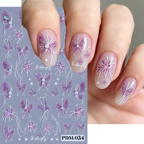 1pc Fresh Style Spring Summer 5D Butterfly Nail Stickers with Pearls Ribbon Nail Art Decals DIY Manicure Decorations 