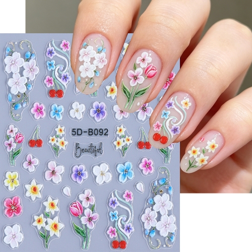 1pc 5D Embossed French Tulip Nail Stickers Vintage Countryside Floral Nail Art Decals for Women Elegant Spring Summer DIY