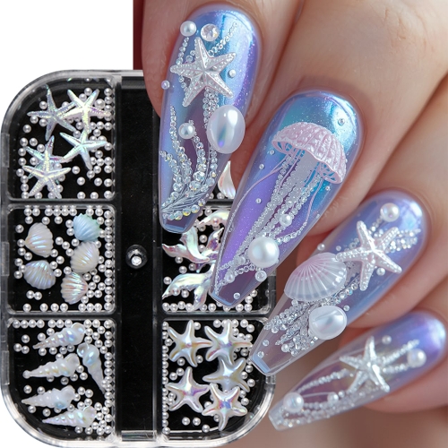 1box Pearlescent Shell Nail Charms Mini White Starfish Shells Pearl Design Ice-Clear Aurora Ocean Series Nail Rhinestones