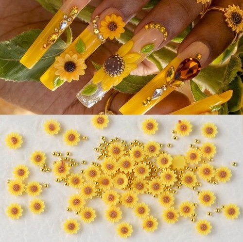 50pcs/bag or 100pcs/bag Mini Sunflower Resin Flat Back Flower Figurines Nail Decorations Mixed Steel Balls Nail Charms for Nail Accessories