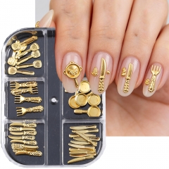 1box Mix Metal Small Fork Spoon Nail Charms Gold Silver Nail Accessories Tableware Series Fork Nail Accessories