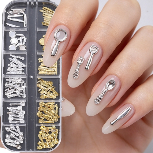 1box Mix Metal Small Fork Spoon Nail Charms Gold Silver Tableware Series Nail Accessories DIY Manicure Decor