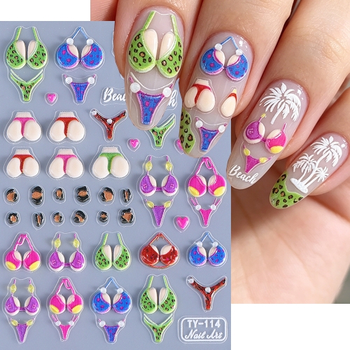 1pc Colorful 5D Relief Lingerie Bikini Nail Stickers Texture Sweet And Cool Polka Dot Leopard Print Swimsuit Nail Stickers