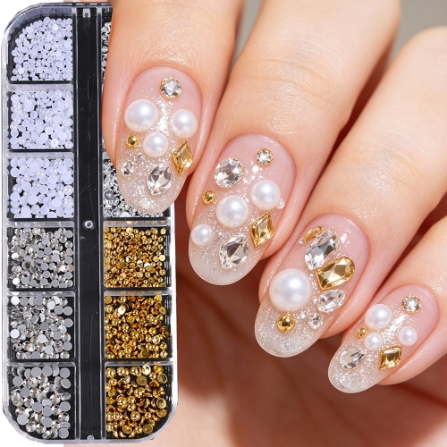 1box Silver Gold 3D Hollowed-out Bow Metal Rivets Nail Charms Starlight Alloy Rhinestones Studs Manicure Decoration