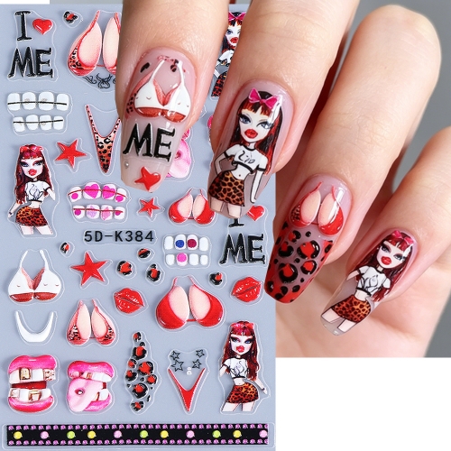 1pc 5D Embossed Fashionable Summer Bra and Panties Nail Stickers Colorful Bikini Set French Panties Sea Beach DIY Nail Decor