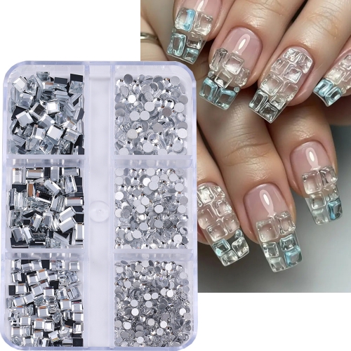 1box Mixed Mini Rectangle Glass Nail Rhinestone 3D Luxury Crystal Nail Gems Diamond Nail Charms Parts Nail Art Decoration